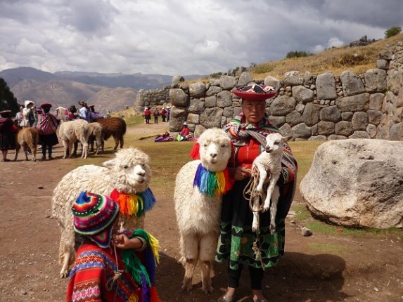 Peruvians in Traditional Dress and Llamas